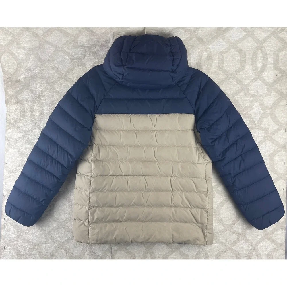 Patagonia Kids Reversible Down Sweater Hoody Navy‎ Tan Blue Pattern Size M 10